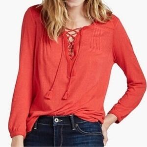 Lucky Brand Vibrant Red Lace-Up Blouse